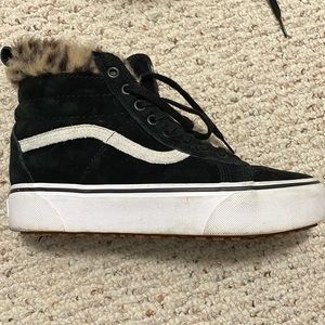 Vans Black and White Fur-Trimmed High-Top Sneakers